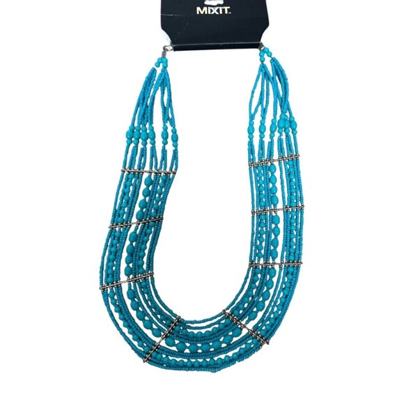 Multi-Strand Faux Turquoise Beaded Statement Necklace Silver Tone Boho Chic - Picture 3 of 4